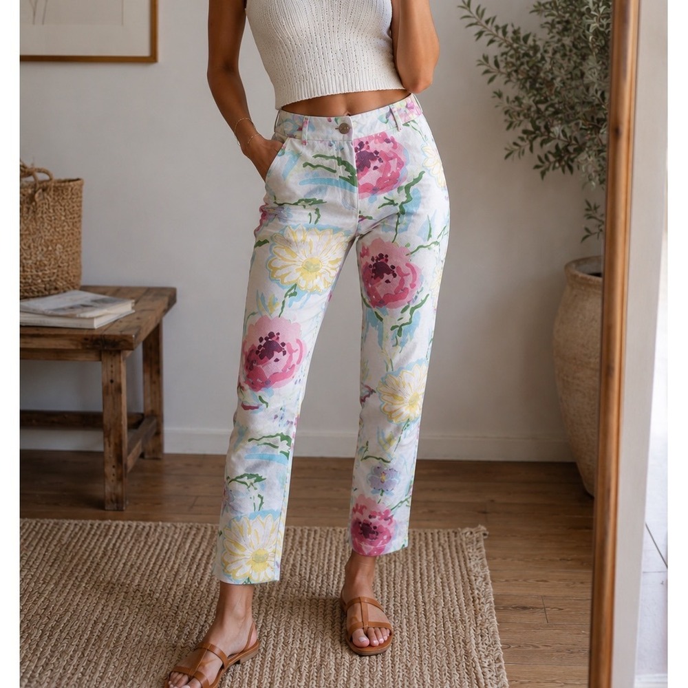 Silk‎ Club Collection Floral Cotton Straight Leg Pants White Pink Yellow Size 6